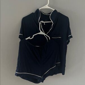 stars above Navy Blue Short Sleeve Pajama Set with White Piping